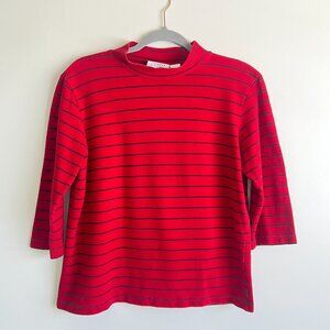 Liz Golf Red and Navy Stripe 100%  Mid Sleeve Mockneck Top by Liz Claiborne